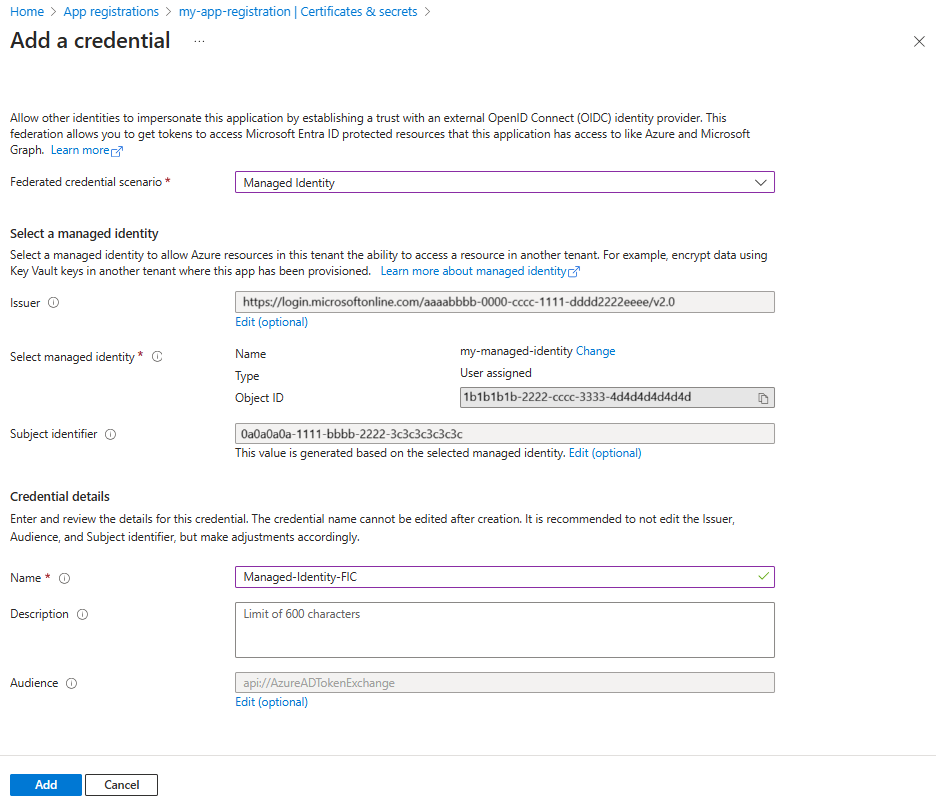 Capture d’écran de la fenêtre d’informations d’identification dans le Centre d’administration Microsoft Entra.