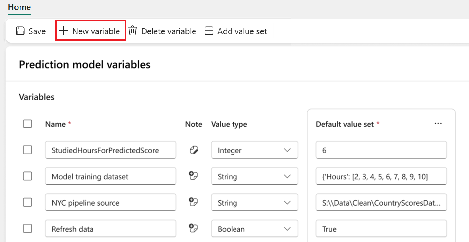 Capture d’écran d’une bibliothèque de variables, avec un bouton permettant de créer une variable dans la barre de menus.