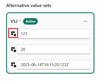 Capture d’écran d’une bibliothèque de variables montrant un bouton de réinitialisation en regard de chaque valeur d’une variable.