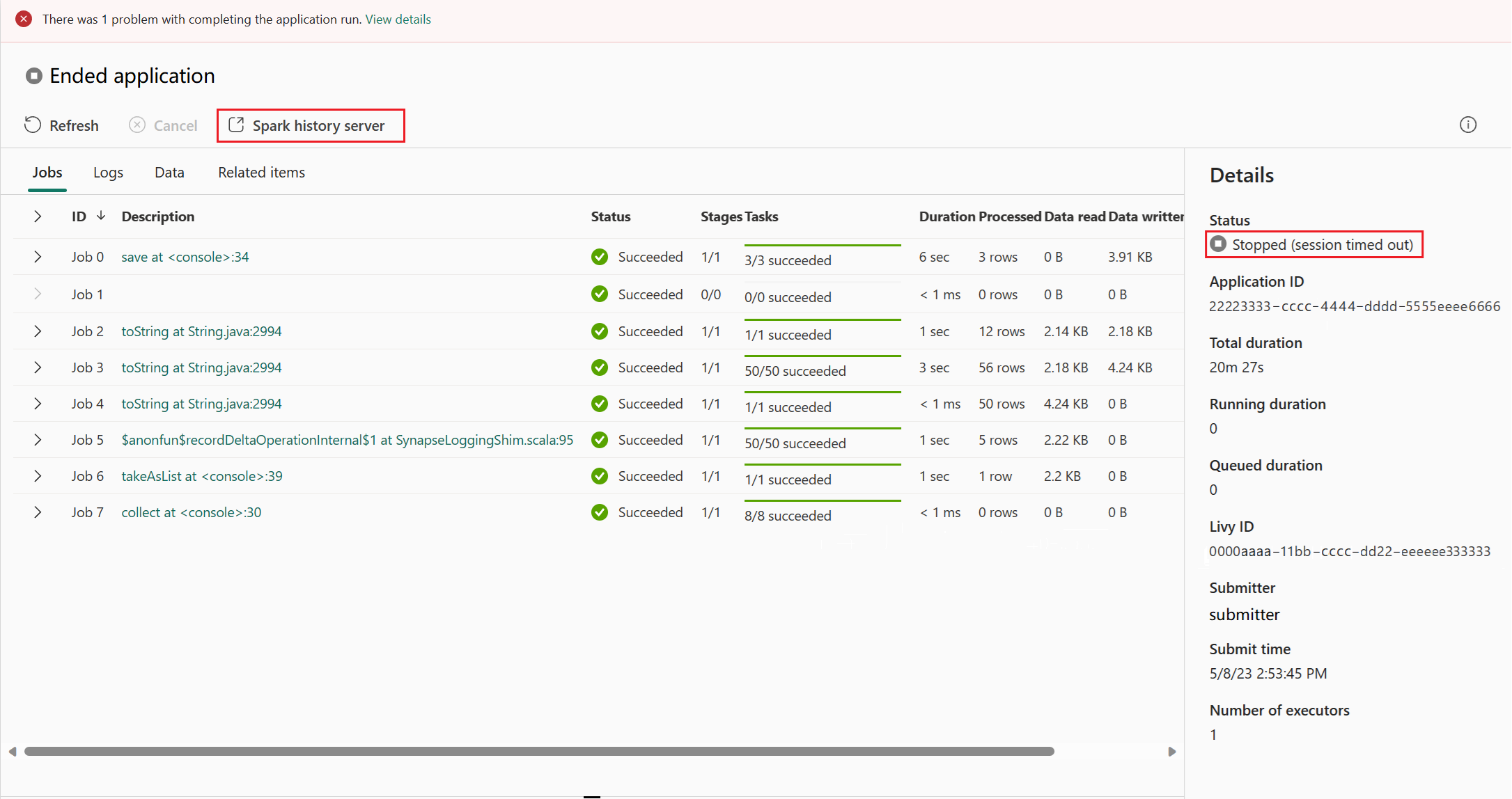 La capture d'écran montrant le bouton affiche l'interface utilisateur Spark à l'état terminé.