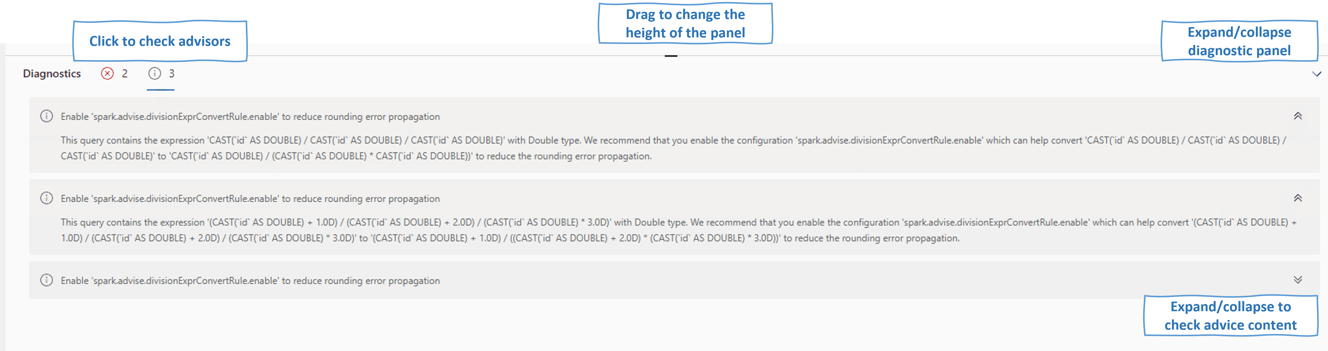 Capture d’écran montrant les diagnostics pour l’application Spark.