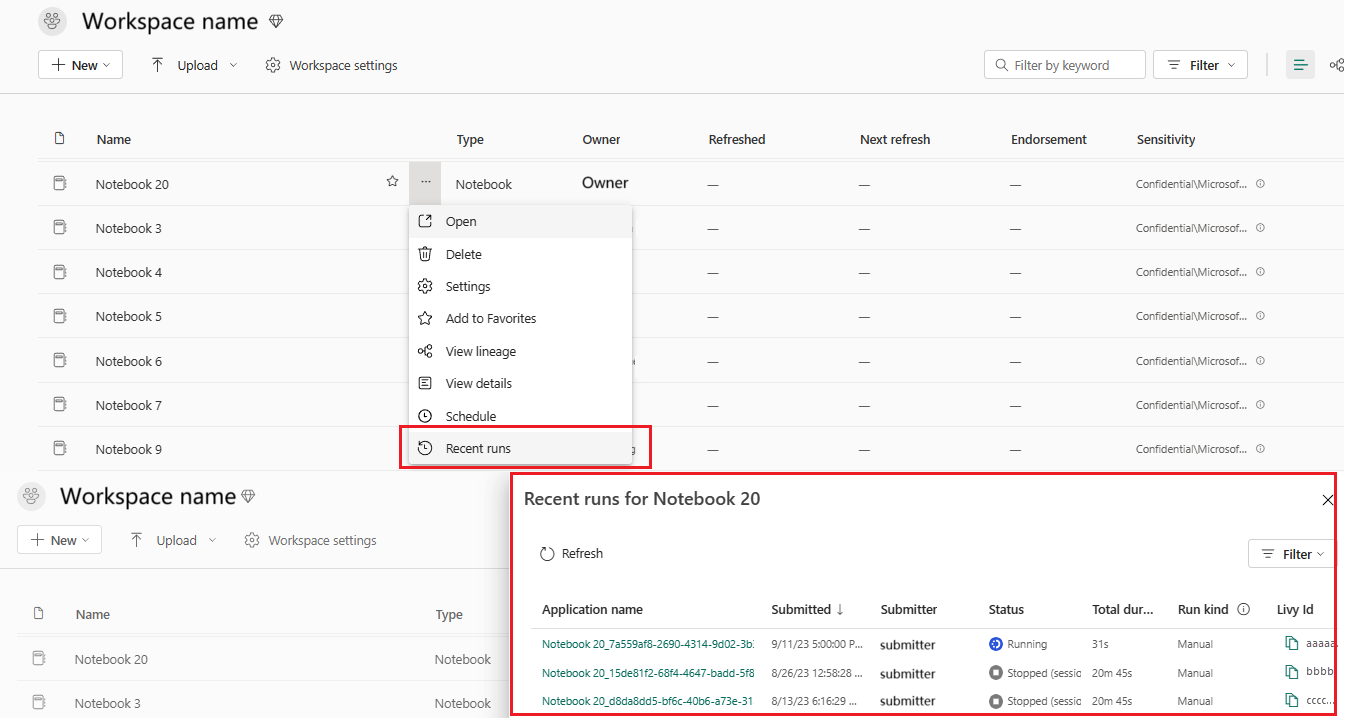 Capture d’écran montrant la liste Exécutions récentes et les détails.
