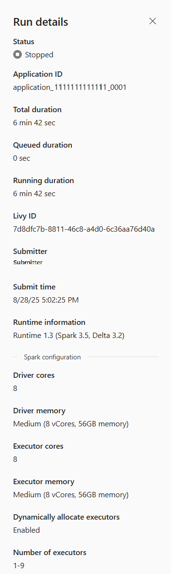 Capture d’écran montrant le résumé pour l’application Spark.