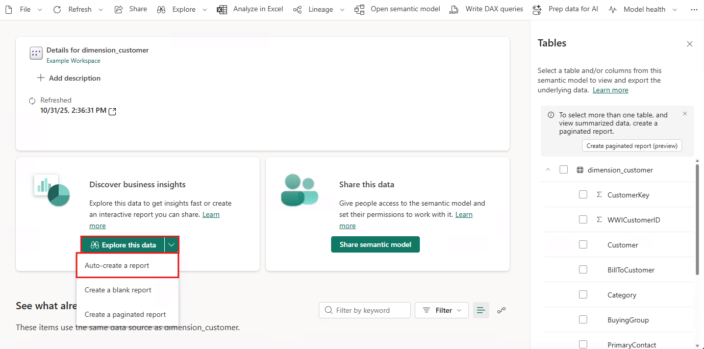 Capture d’écran de la page détails du modèle sémantique, montrant où sélectionner Créer un rapport.