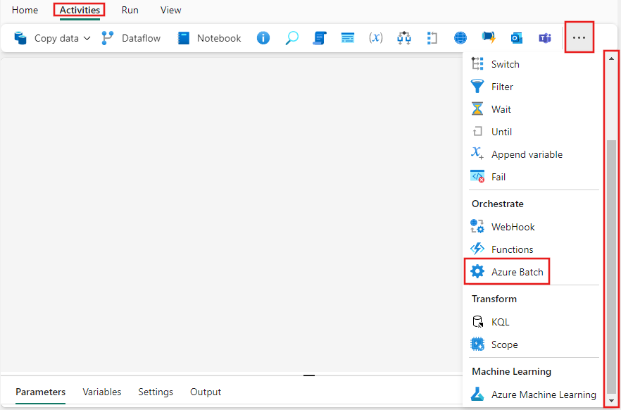 Capture d’écran de l’interface utilisateur fabric avec le volet Activités et l’activité Azure Batch mise en surbrillance.