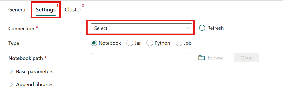 Capture d’écran montrant le menu déroulant Connexion dans l’onglet Paramètres de l’activité Azure Databricks.