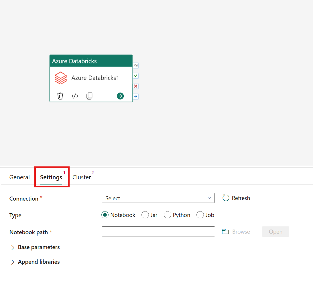 Capture d’écran montrant l’onglet Paramètres de l’activité Azure Databricks.