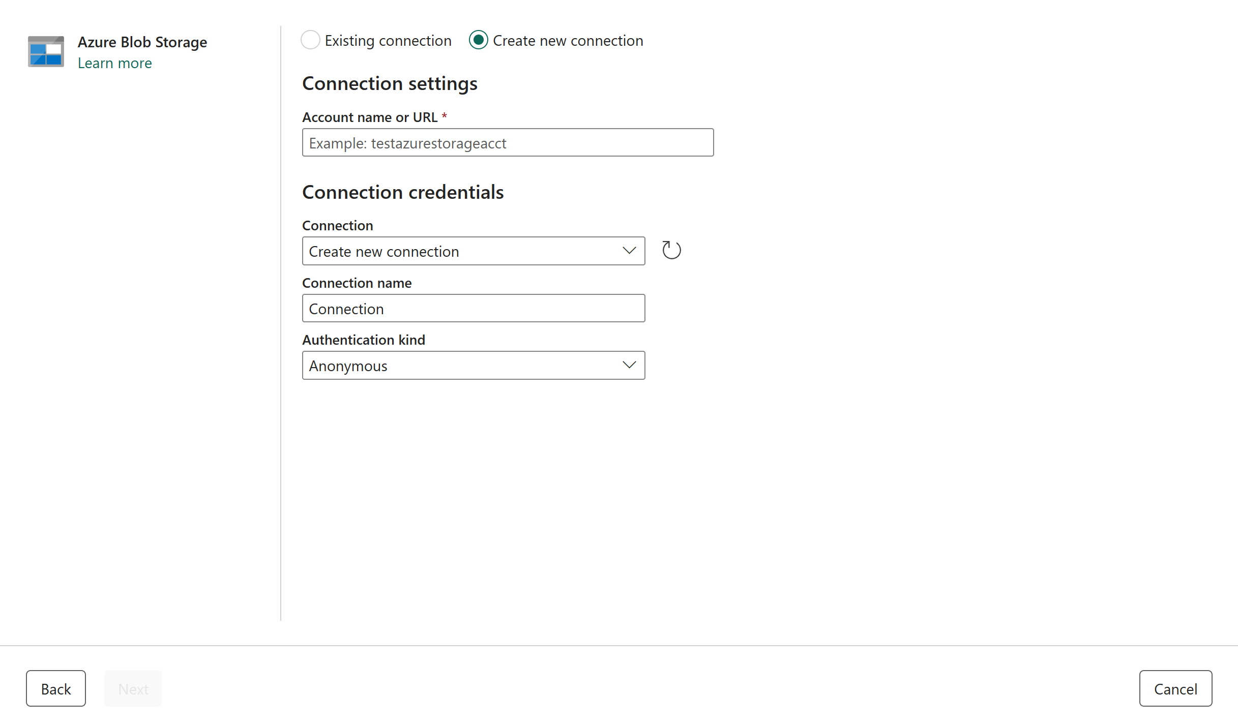 Screenshot showing the new connection page.