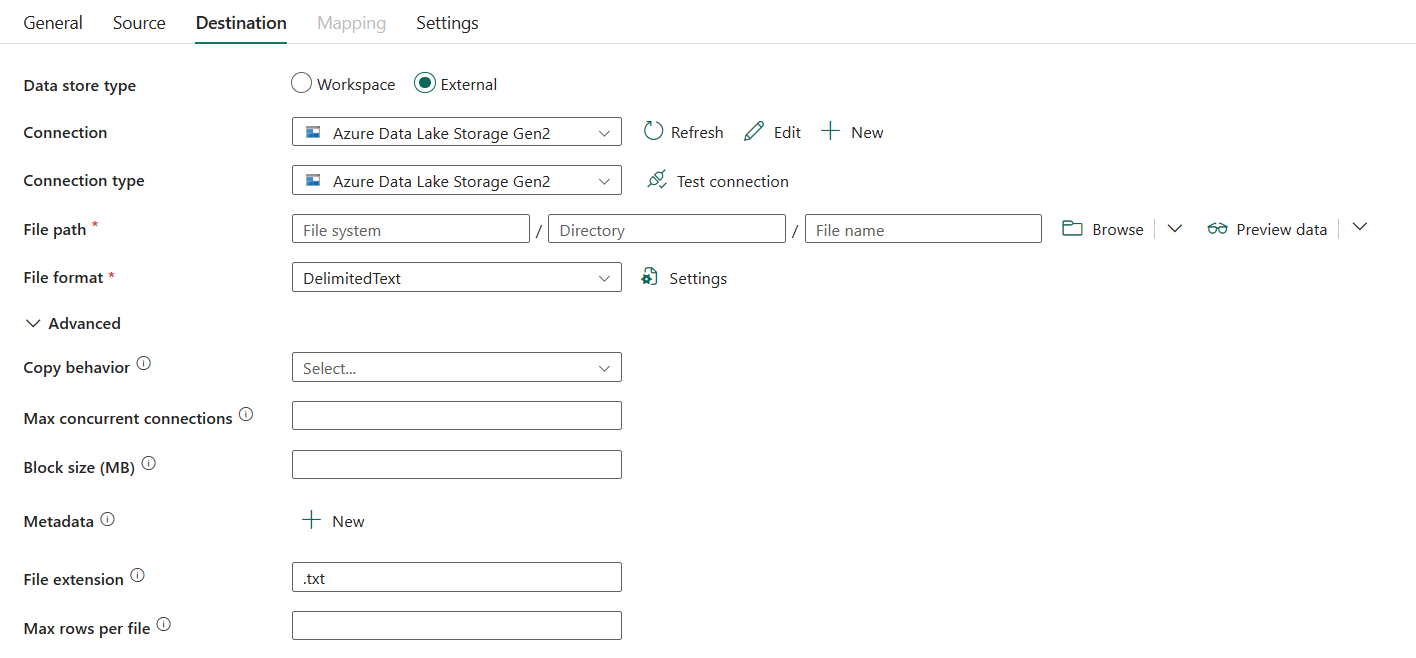 Screenshot showing destination tab.