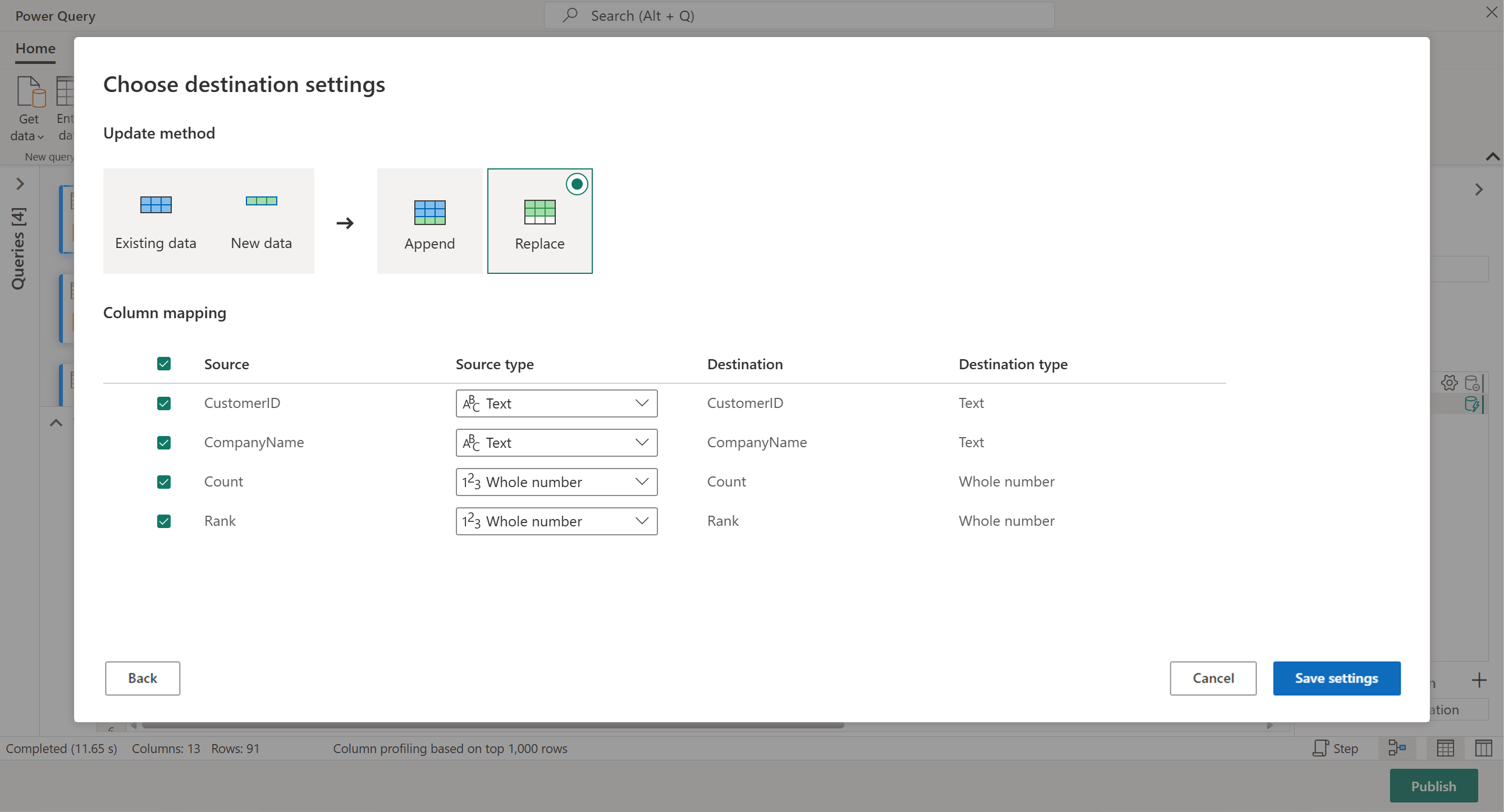 Capture d'écran de la fenêtre Choisir les paramètres de la destination.