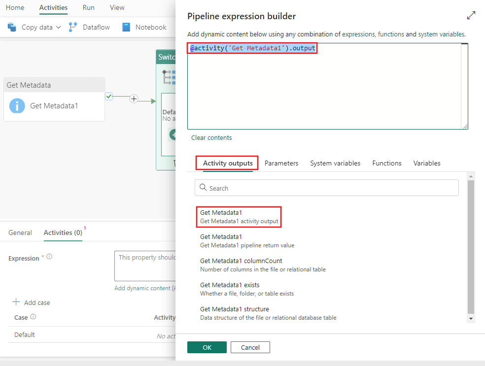 Capture d’écran montrant la fenêtre du constructeur d'expressions de Pipeline avec les sorties de l’activité Get Metadata en surbrillance.