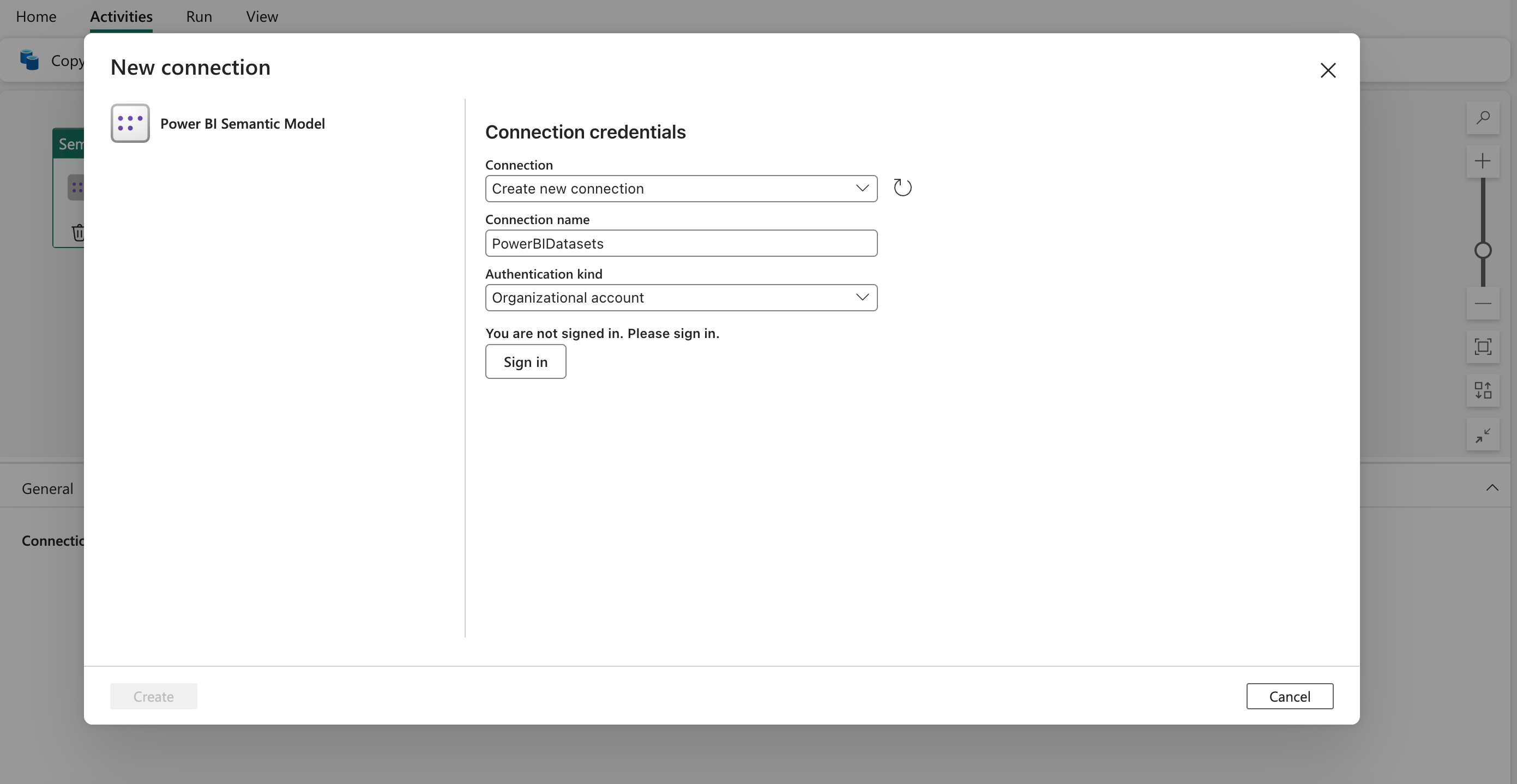 Capture d’écran montrant la boîte de dialogue de création d’une nouvelle connexion à Power BI.