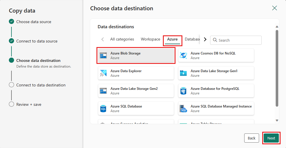 Capture d’écran montrant la destination des données stockage Blob Azure.