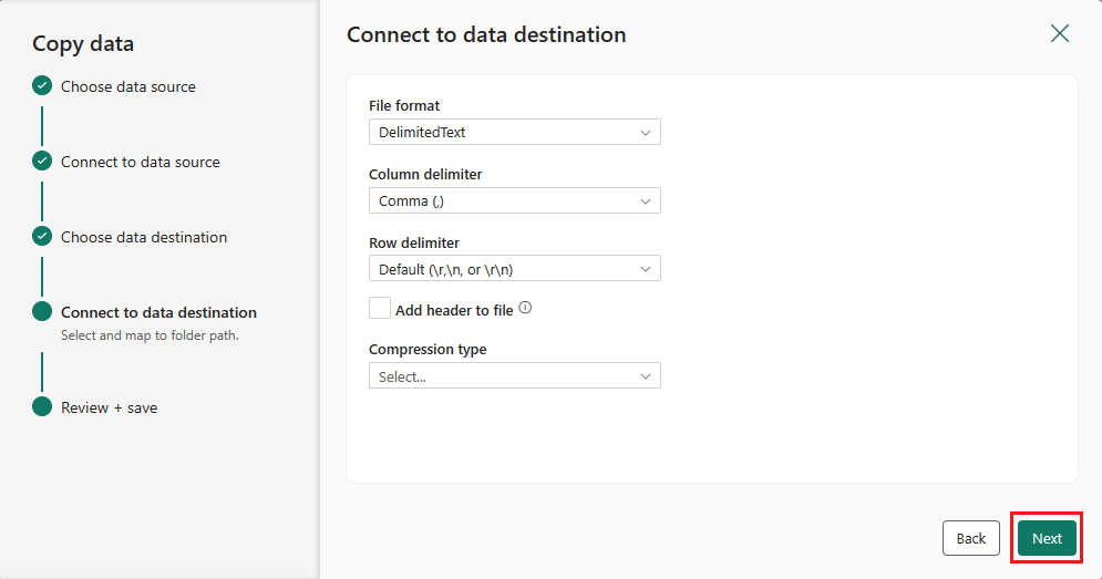 Capture d’écran montrant les options de configuration du fichier dans Stockage Blob Azure.