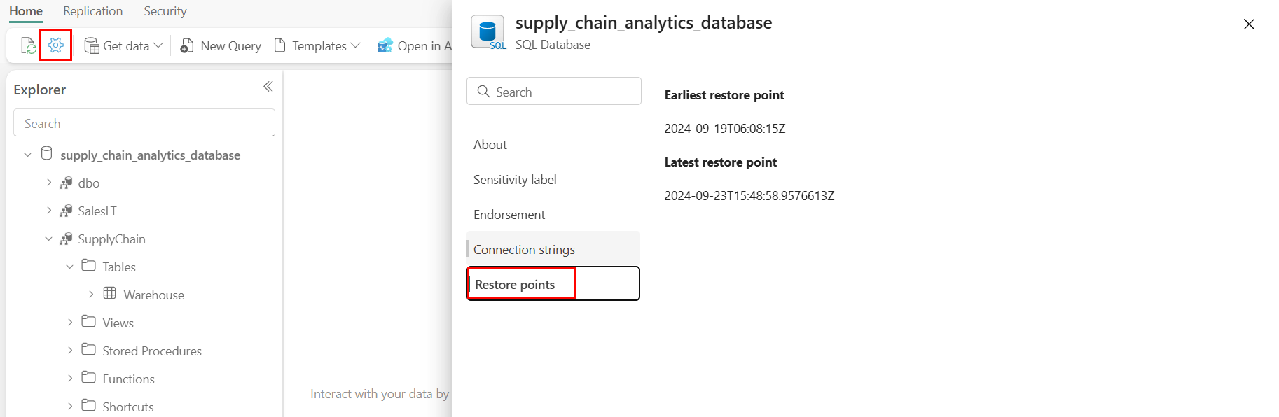 Capture d’écran montrant la page Points de restauration dans les paramètres de base de données SQL.