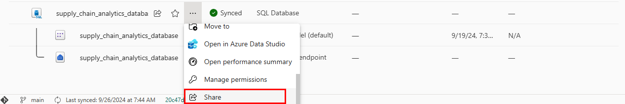 Capture d’écran montrant le bouton Partager dans le menu contextuel de la base de données SQL.