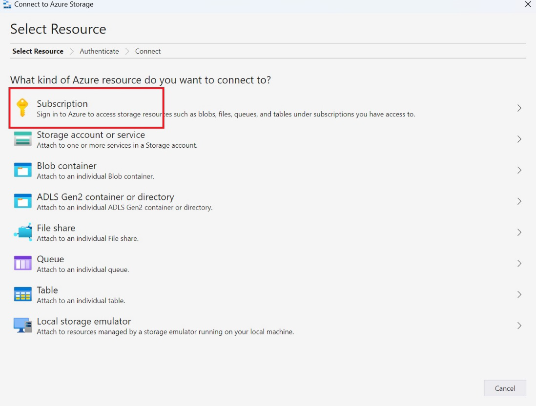 Capture d'écran montrant où sélectionner Abonnement sur l'écran Sélectionner une ressource.