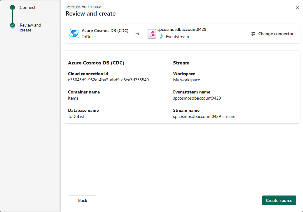 Capture d’écran montrant la page Vérifier + se connecter de Ajouter une connexion à l’assistant Source renseignée.