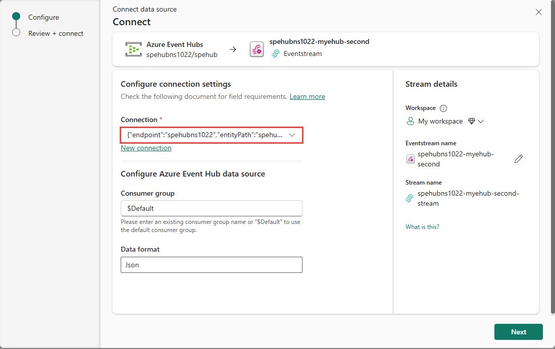 Capture d’écran montrant la page Connecter avec une connexion existante à un hub d’événements Azure.
