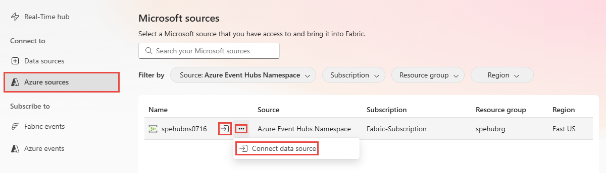 Capture d’écran montrant la page sources Microsoft avec des filtres pour afficher les Event Hubs et le bouton de connexion d’un Event Hub.