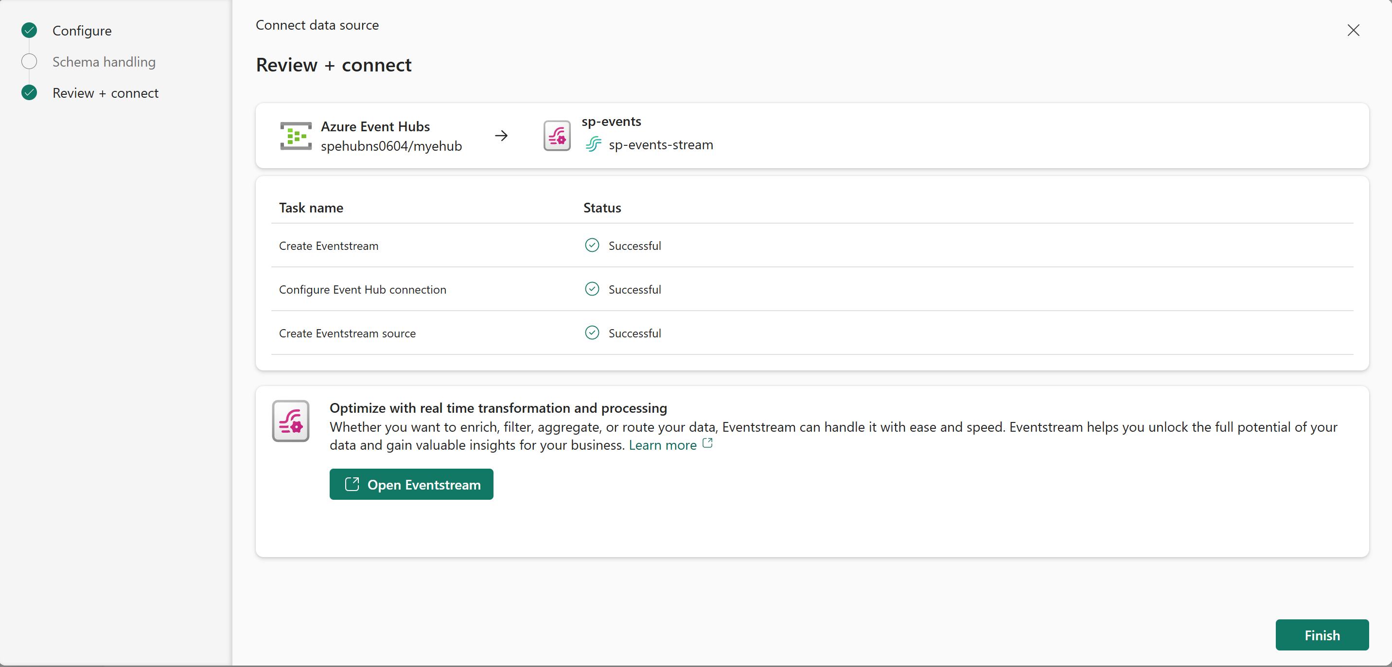 Capture d’écran montrant la page Vérifier + se connecter avec des liens pour ouvrir eventstream et fermer l’assistant.