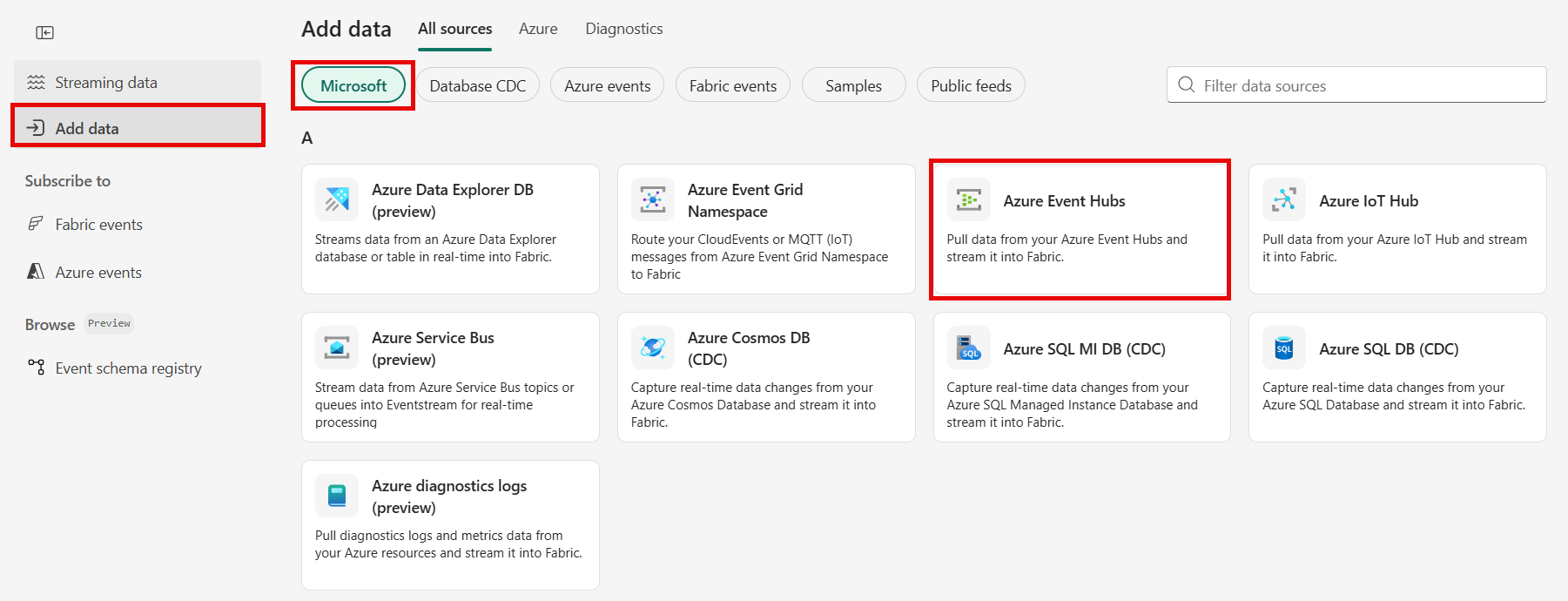 Capture d’écran montrant la sélection d’Azure Event Hubs comme type de source dans la page Sources de données.