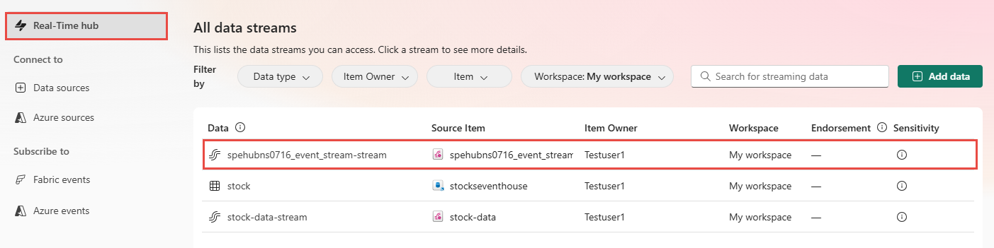 Capture d’écran montrant la page Tous les flux de données du hub en temps réel avec le flux que vous venez de créer.