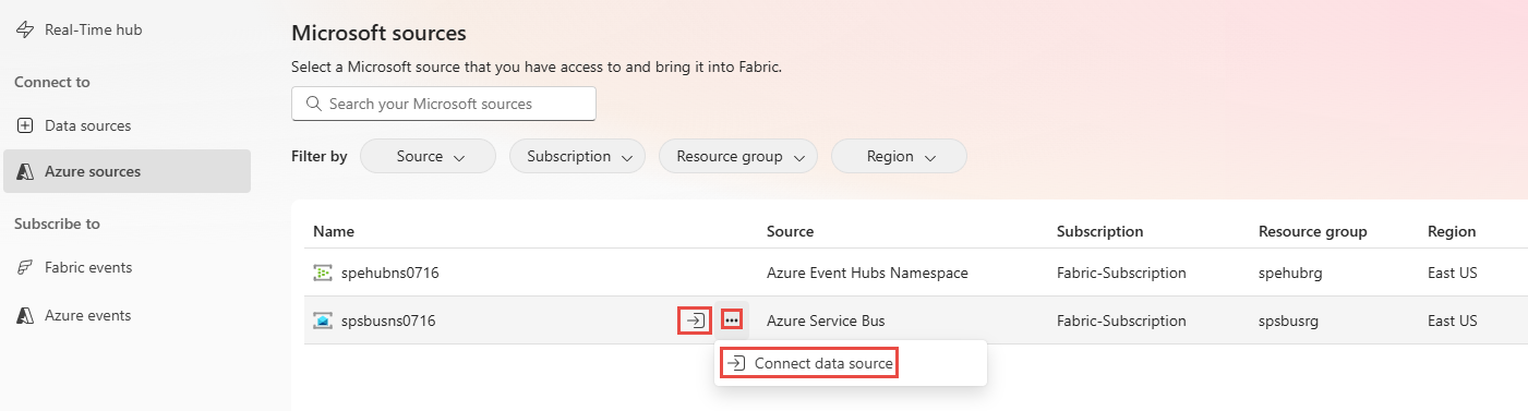 Capture d’écran montrant la page sources Microsoft avec des filtres pour afficher les espaces de noms Service Bus et le bouton de connexion d’un espace de noms.