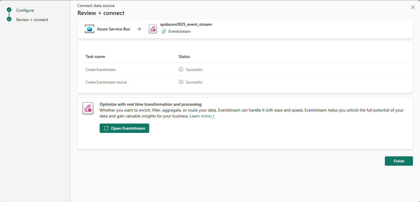 Capture d’écran montrant la page Vérifier + se connecter avec des liens pour ouvrir eventstream et fermer l’assistant.