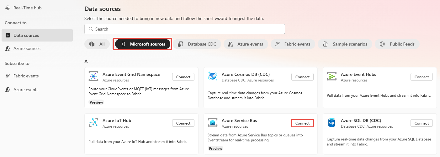 Capture d’écran montrant la sélection d’Azure Service Bus comme type de source dans la page Sources de données.