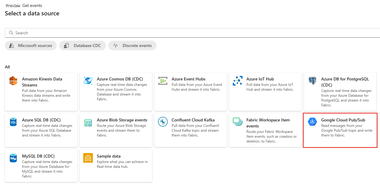 Capture d’écran montrant la page Sélectionner une source de données avec Google Cloud Pub/Sub sélectionné.