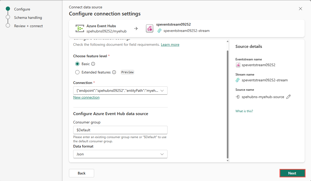 Capture d’écran montrant la seconde page Connecter pour le connecteur Azure Event Hubs.