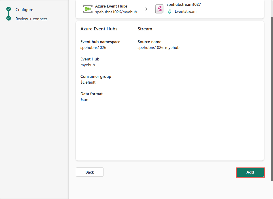 Capture d’écran montrant la page Vérifier et créer pour le connecteur Azure Event Hubs.