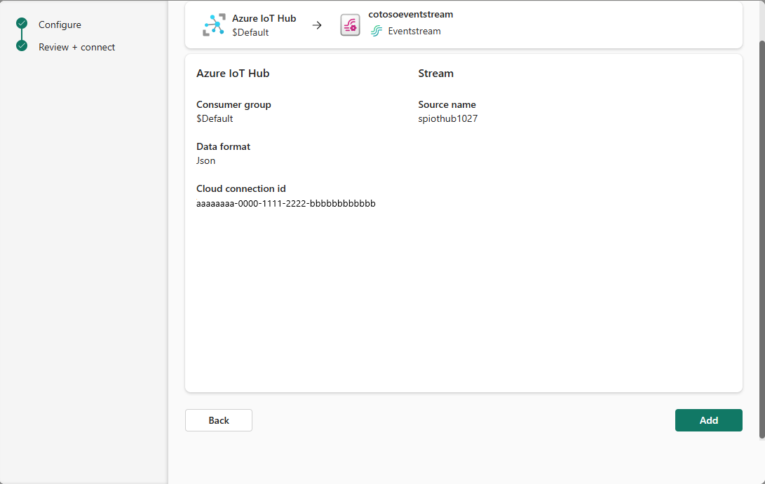 Capture d’écran montrant la page Vérifier et créer pour le connecteur Azure IoT Hub.