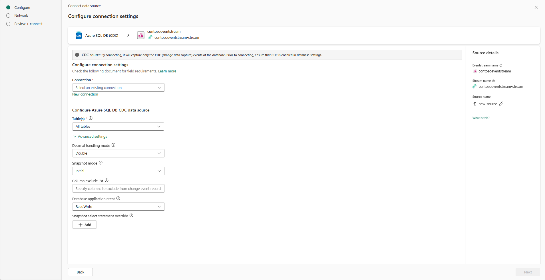 Capture d’écran montrant la page Connecter de l’assistant Obtenir les événements renseignée.