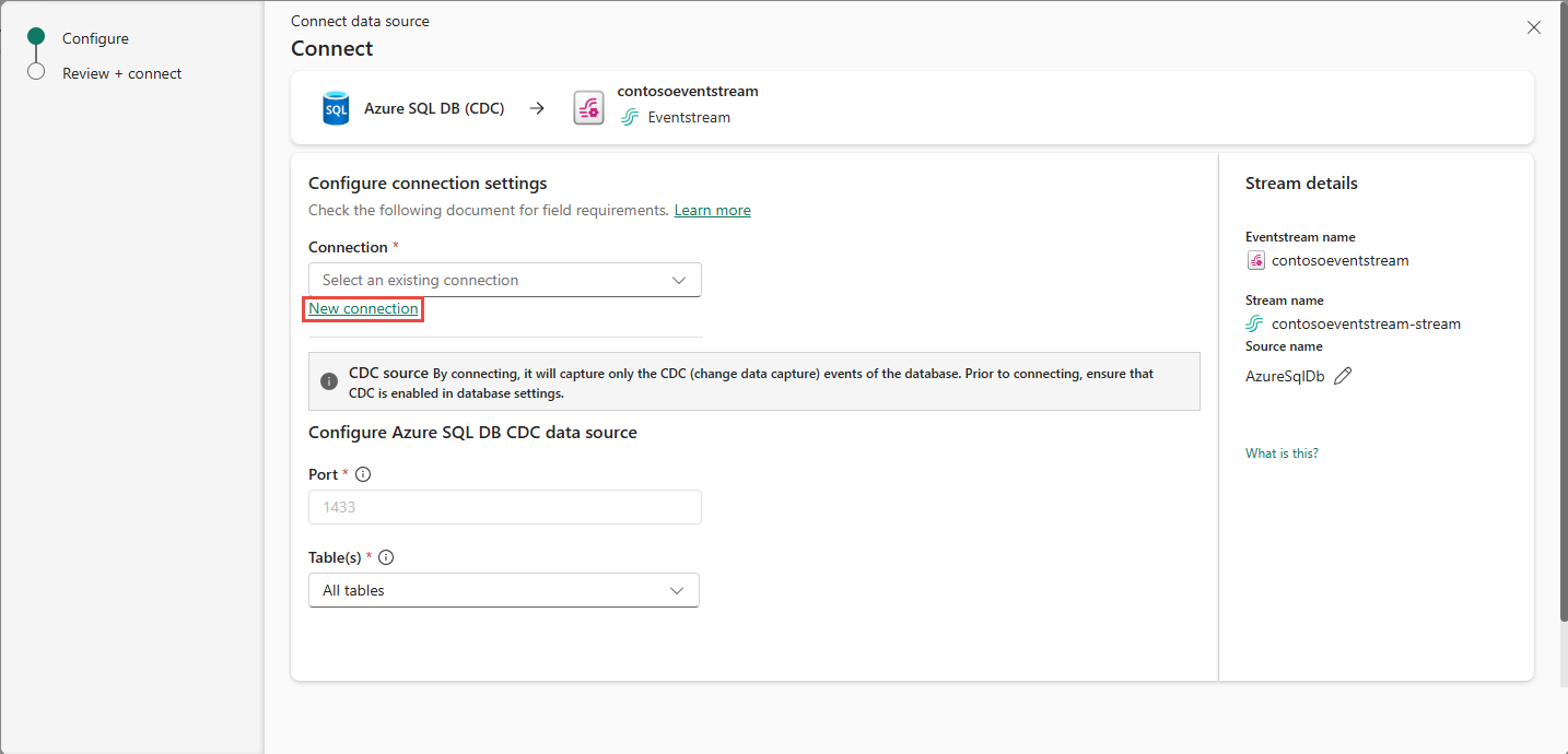 Capture d’écran montrant la page Connecter de l’Assistant Obtenir les événements avec le lien ** Nouvelle connexion** en surbrillance.