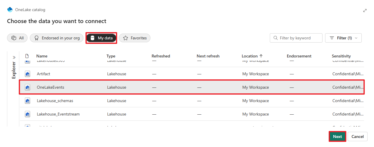 Capture d’écran montrant la sélection d’une source de données OneLake spécifique.