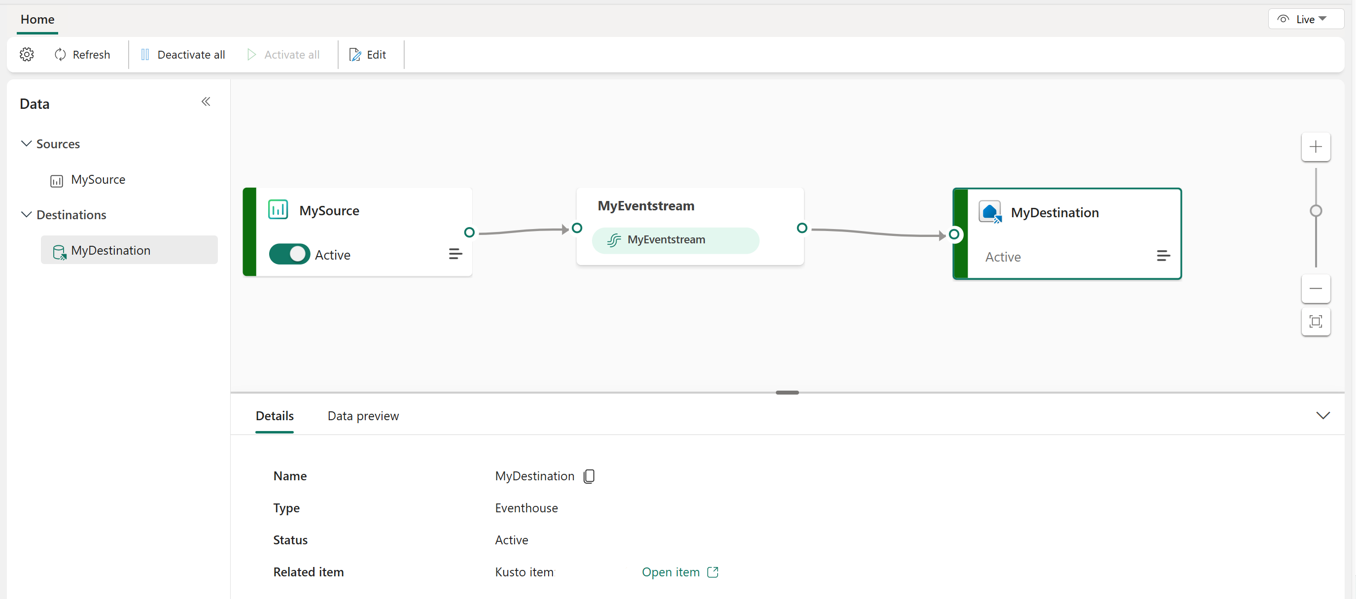 Capture d’écran de la destination de base de données KQL configurée en affichage en direct.