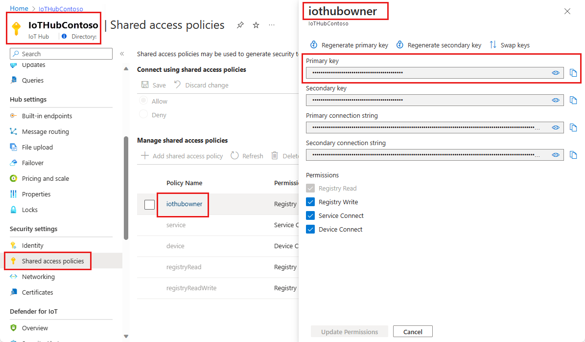 Capture d'écran indiquant où trouver la clé d'accès partagée dans le portail Azure.