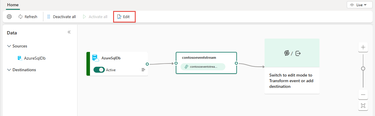 Capture d’écran de la source de capture des changements de données Azure SQL Database en diffusion continu en mode Direct.