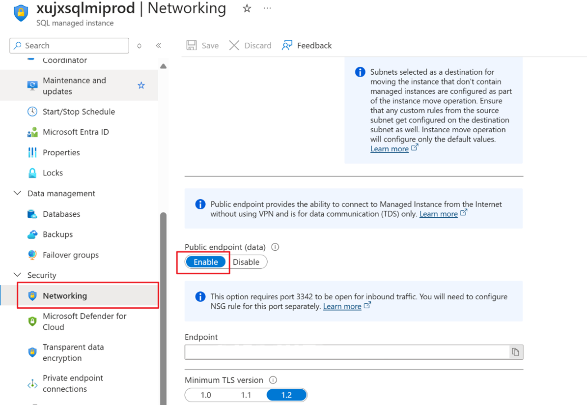 Capture d’écran montrant la page Mise en réseau avec l’option Point de terminaison public activée.
