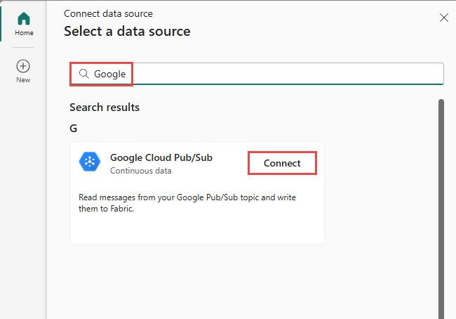 Capture d’écran montrant la sélection de Google Cloud Pub/Sub comme type de source dans l’assistant Sélectionner une source de données.