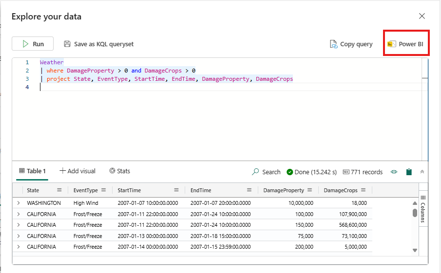 Capture d’écran de l’éditeur de requête montrant un exemple de requête. L’option Power BI est mise en surbrillance.