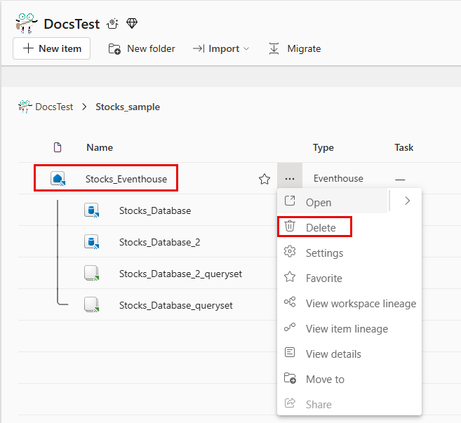 Capture d’écran de la suppression d’un eventhouse.