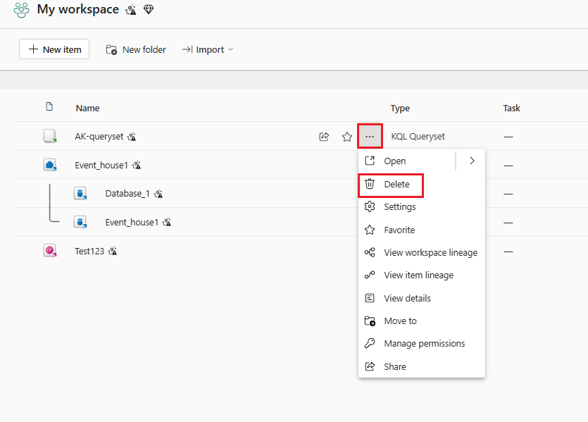 Capture d’écran de l’espace de travail Microsoft Fabric montrant comment supprimer un ensemble de requêtes KQL.