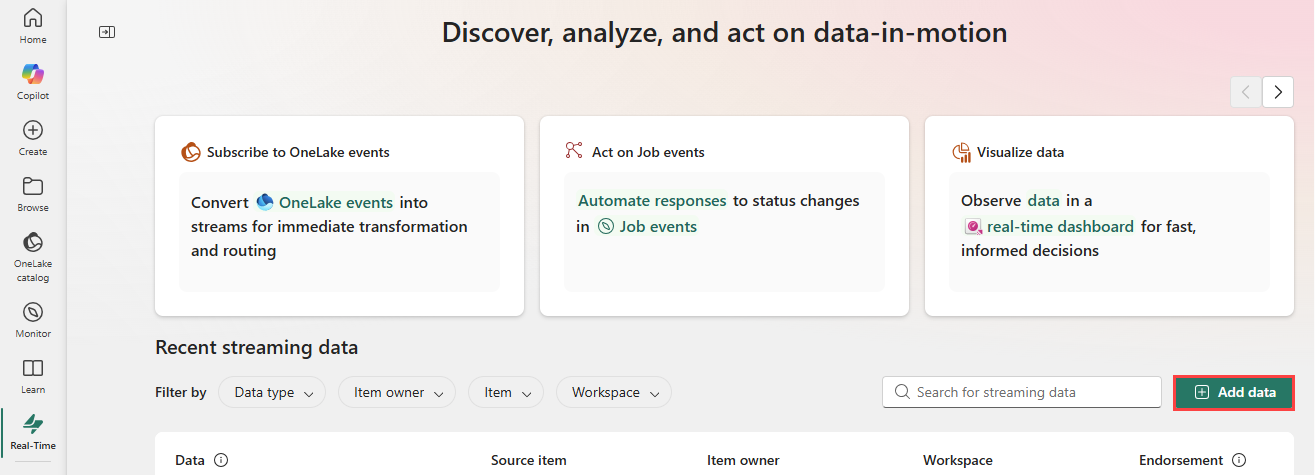 Capture d’écran du hub Real-Time avec les événements get mis en surbrillance.