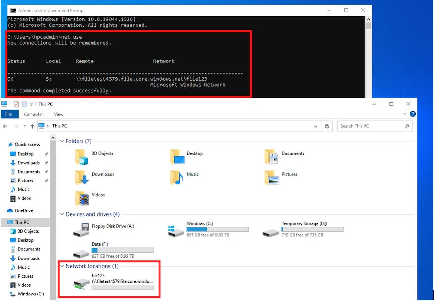 Screenshot showing a mounted Azure Storage File Share