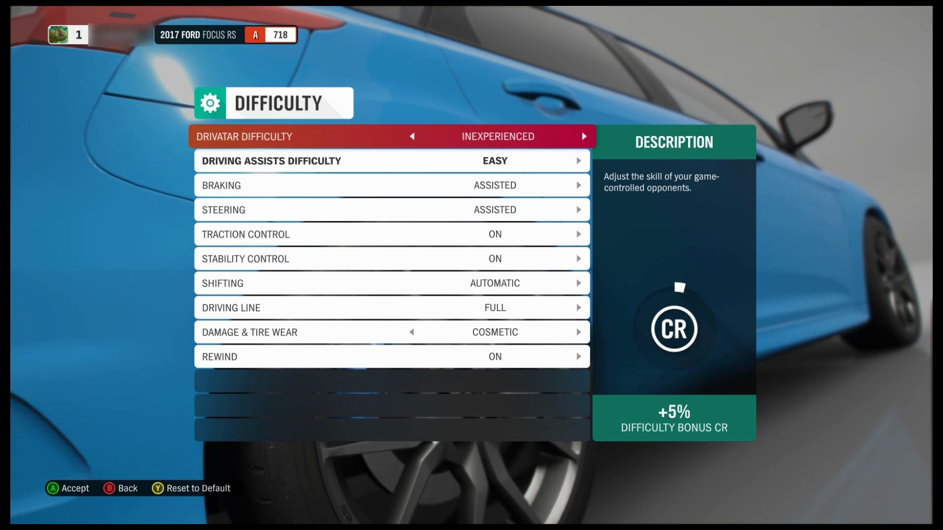 A screenshot of the difficulty menu in Forza Horizon 4. The Drivatar Difficulty tab has focus. The current value is "inexperienced."