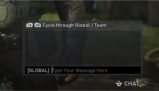 A closeup of Gears 5 chat panel. In the text input box, it indicates that it's global chat. In gray text, it says, "Type Your Message Here".
