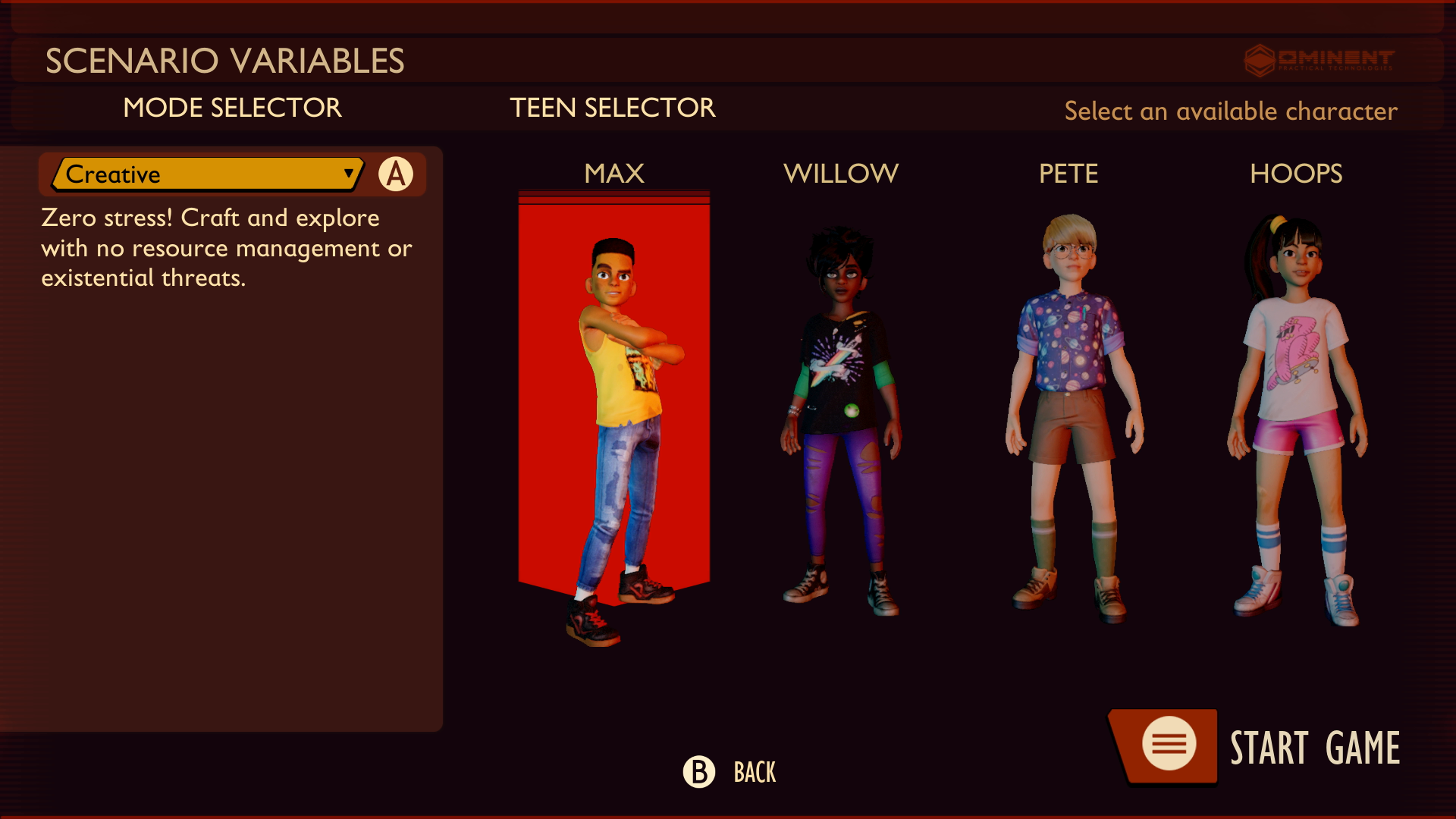 A screenshot of the Grounded "scenario variables" menu where the player can select a teen and a mode. The player has selected Max and Creative mode. The description of Creative mode is "Zero stress! Craft and explore with no resource management or existential threats."